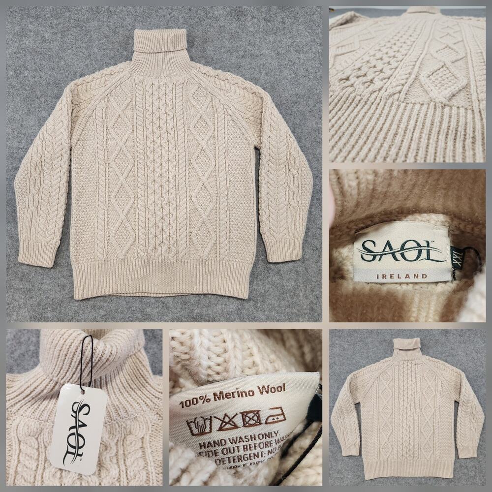 Saol‎ Ireland Womens 2XL 100% Merino Wool Cableknit Turtleneck Pullover Sweater